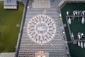 Aerial view of the marble mosaic with the compasse rose at the foot of the Monument to the Discoveries in the city of Lisbon.