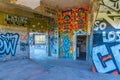 LISBON, PORTUGAL, JUNE 1, 2019: Graphitti inside of ruins of a former Monsanto restaurant in Lisbon, Portugal