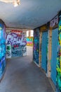 LISBON, PORTUGAL, JUNE 1, 2019: Graphitti inside of ruins of a former Monsanto restaurant in Lisbon, Portugal