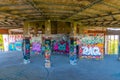 LISBON, PORTUGAL, JUNE 1, 2019: Graphitti inside of ruins of a former Monsanto restaurant in Lisbon, Portugal