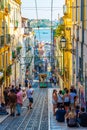 LISBON, PORTUGAL, JUNE 1, 2019: People are waiting for Elevador la Bica tram in Lisbon, Portugal