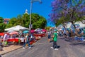 LISBON, PORTUGAL, JUNE 1, 2019: View of a flea market at Alfama district in Lisbon, Portugal