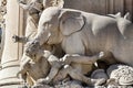 Beautiful stone carved sculptures at the base of King Joseph I statue