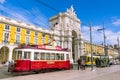 LiSBON, PORTUGAL - March 5, 2016: Old tramcars Praca de Comercio in Lisbon Royalty Free Stock Photo