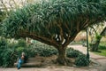 Lisbon, Portugal 01 may 2018: lonely people in garden under trees. Lonely man waits his woman and wait for acquaintance Royalty Free Stock Photo