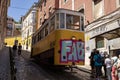 Lisbon Portugal. May 4, 2022. Old electric passenger train circulating through the city