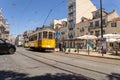 Lisbon Portugal. May 6, 2022. Old electric passenger train circulating through the city