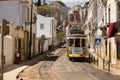 Lisbon Portugal. May 5, 2022. Old electric passenger train circulating through the city