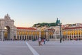 LISBON, PORTUGAL, MAY 29, 2019: People are passing Praca do Commercio square in Lisbon, Portugal