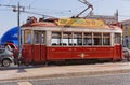 Lisbon, Portugal - May 14: Traditional the red tourist tram in Lisbon on May 14, 2014. Since the early 1900s, the trams have been Royalty Free Stock Photo