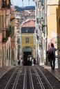 Lisbon, Portugal - May 13, 2018: Yellow Bica elevator tram on steep street, Lisbon, Portugal