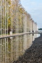 Lisbon, Portugal - Modern buildings and an artwork exposition of Fernando Conducto reflecting in a shalow water basin