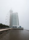 Lisbon, Portugal - The My Riad hotel at the shore of te Atlantic Ocean on a foggy day