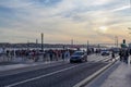 From Tagus river, beautiful panorama of sunset. The bridge April 25 Royalty Free Stock Photo