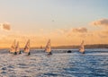 LISBON, PORTUGAL - NOVEMBER 4, 2017: Recreational Laser sailing boats on Tagus river in Lisbon at sunset