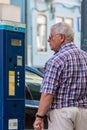 Lisbon, Portugal - October 09, 2018: Parking car automat on a street of Lisbon