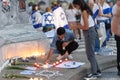 Lisbon, Portugal, October 10, 2023, People light candles at the memorial to the fallen Israelis in October 2023