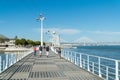 Telecabins cable cars and people in Park of Nations in Lisbon