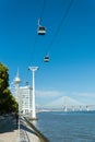 Telecabins cable cars and people in Park of Nations in Lisbon