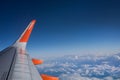 Easy jet wing of plane on blue cloudy sky background Royalty Free Stock Photo