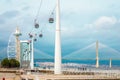 Lisbon, Portugal, Parque das NaÃÂ§ÃÂµe, cableway near oceanarium and Vasco De Gama tower