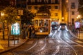 Lisbon, Portugal - Passengers boarding the iconic Lisbon tram at night