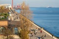 Lisbon, Portugal - 12/28/18: Pedestrian walkway riverside, tagus river