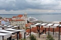 Lisbon. Portugal. Roofs of Alfama buildings. Tejo river. Travel Portugal. Old Europe. Red and white. Blue. Wonderful background.