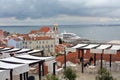 Lisbon. Portugal. Roofs of Alfama buildings. Tejo river. Travel Portugal. Old Europe. Red and white. Blue. Wonderful.