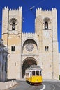 Lisbon, Portugal. Se Cathedral oldest church, from XIIth century and Yellow Tram Royalty Free Stock Photo