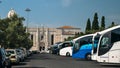 Tour tourism buses lined up close to Hieronymites Monastery and fountain in Belem, Lisbon, Portugal. Overtourism is a Royalty Free Stock Photo