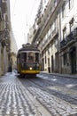 LISBON, PORTUGAL - SEPTEMBER 4, 2018: Famous Old trams on street of Lisbon.Vintage tram in Lisbon, Portugal in a summer Royalty Free Stock Photo