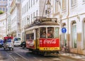 LISBON, PORTUGAL, SEPTEMBER 9, 2015: historic red retro tram adv Royalty Free Stock Photo