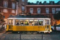 Lisbon, Portugal - 10 September 2014. Night in Lisbon, traditional tram in Alfama Royalty Free Stock Photo