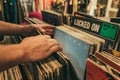 Lisbon, Portugal - September 2014. Walking on the night street, vintage vinyl shop.