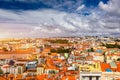 Lisbon, Portugal skyline with Sao Jorge Castle. Panoramic aerial view of Lisbon, Portugal. Panorama view of old town Lisbon and Royalty Free Stock Photo