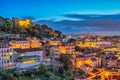 Lisbon Portugal night city skyline at Baixa district