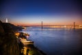 LISBON, PORTUGAL - The Tagus River past the 25 de Abril bridge from Cacilhas Royalty Free Stock Photo