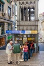 Lisbon, Portugal: Tourists in line buying tickets at ticket or box office. Elevador de Santa Justa Lift.
