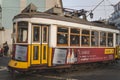 Lisbon, Portugal - 01/03/19: Traditional old yellow Electric tram in downtown lisbon