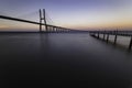 Lisbon/Portugal: 20/06/2020: The Vasco da Gama Bridge is a cable-stayed bridge flanked by viaducts and rangeviews that spans the Royalty Free Stock Photo