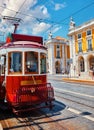 Lisbon Portugal. Vintage red retro tram at main central Royalty Free Stock Photo