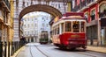 Lisbon, Portugal. Vintage red retro tram