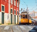 Lisbon, Portugal. Vintage yellow retro tram Royalty Free Stock Photo