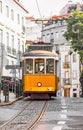 Lisbon, Portugal. Vintage yellow retro tram