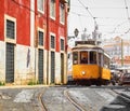 Lisbon, Portugal. Vintage yellow retro tram