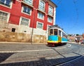 Lisbon, Portugal. Vintage yellow retro tram Royalty Free Stock Photo