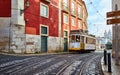 Lisbon, Portugal. Vintage yellow retro tram Royalty Free Stock Photo