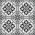 Lisbon, Portuguese style Azulejo tile seamless vector pattern in black ad white, repetitve floral textile, fabric print Royalty Free Stock Photo