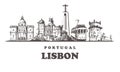 Lisbon sketch skyline,Portugal vintage vector illustration.Hand drawn Lisbon city Royalty Free Stock Photo